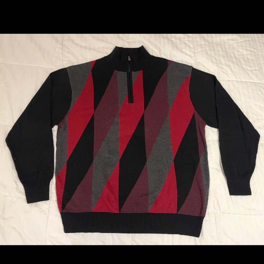 F/X Fusion Sweater Men XXL Cotton 1/4 Zip Red Purple Gray Black Geometric EUC